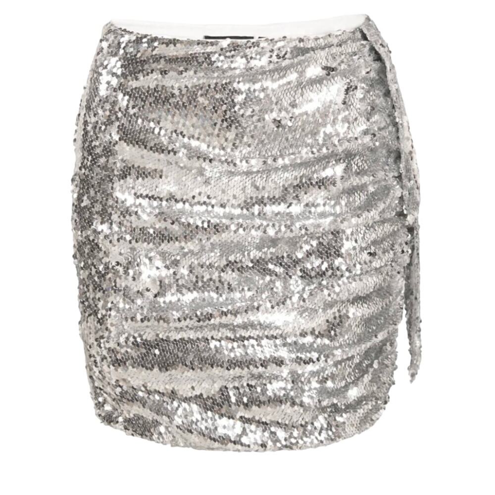 Sequin Micro Mini Skirt Silver Size 12 Ruched Metallic OW Collection $128 NEW - Picture 5 of 11